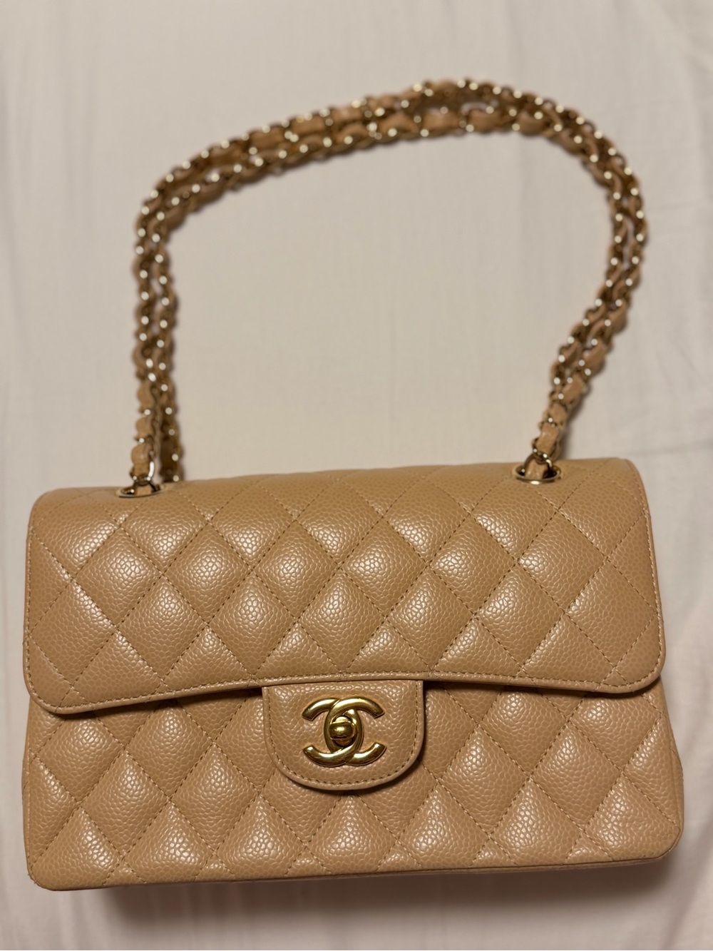 Authentic Chanel Classic Flap Beige Caviar Leather Gold Hardware